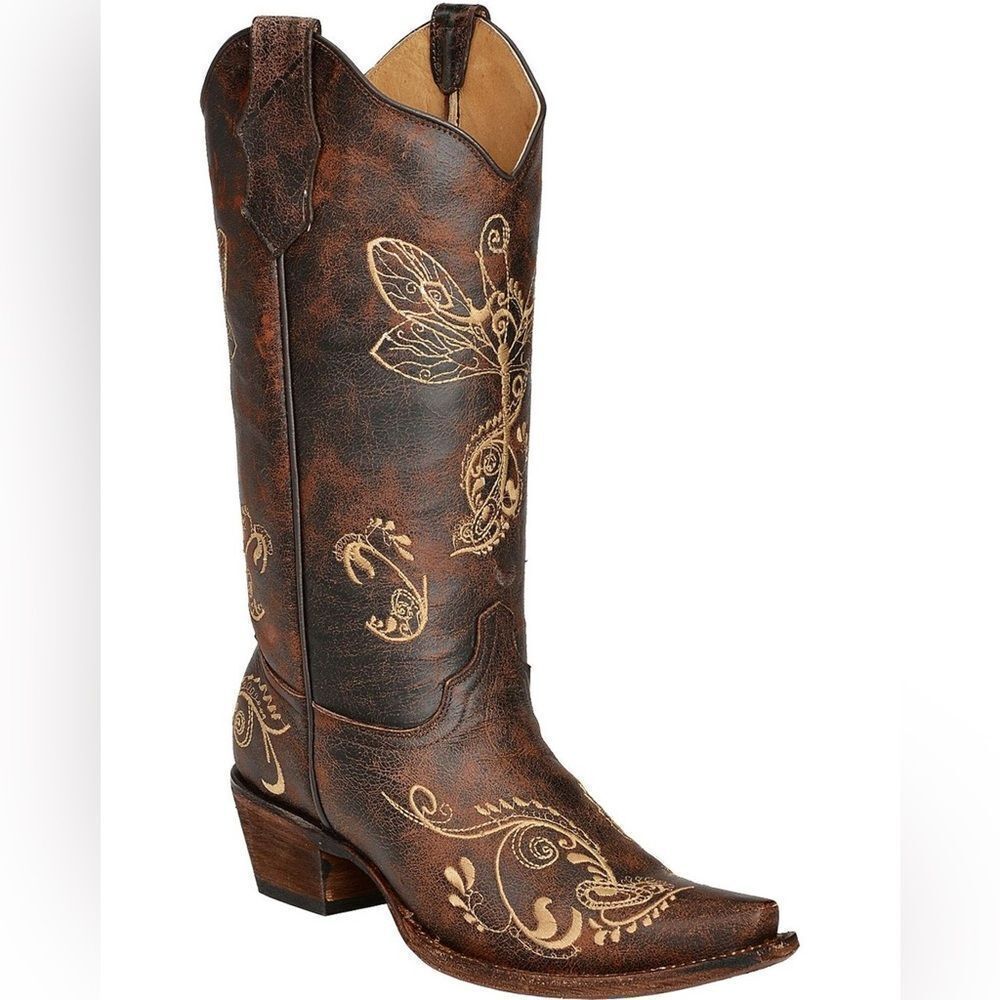 CIRCLE G WOMEN'S DISTRESSED BONE DRAGONFLY EMBROIDERED BOOTS - SNIP TOE Size 10 - Picture 14 of 14